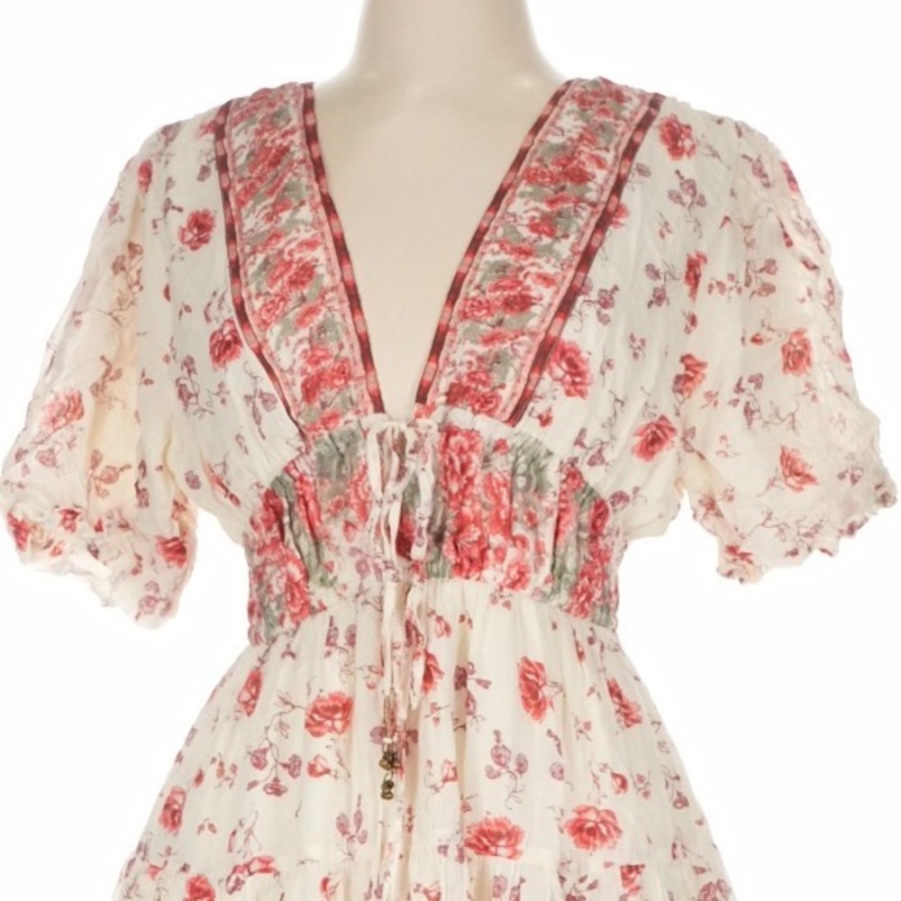 Free People Lysette Maxi Dress Floral Cotton Boho with Bell Tassel Ties Spring - Picture 5 of 8